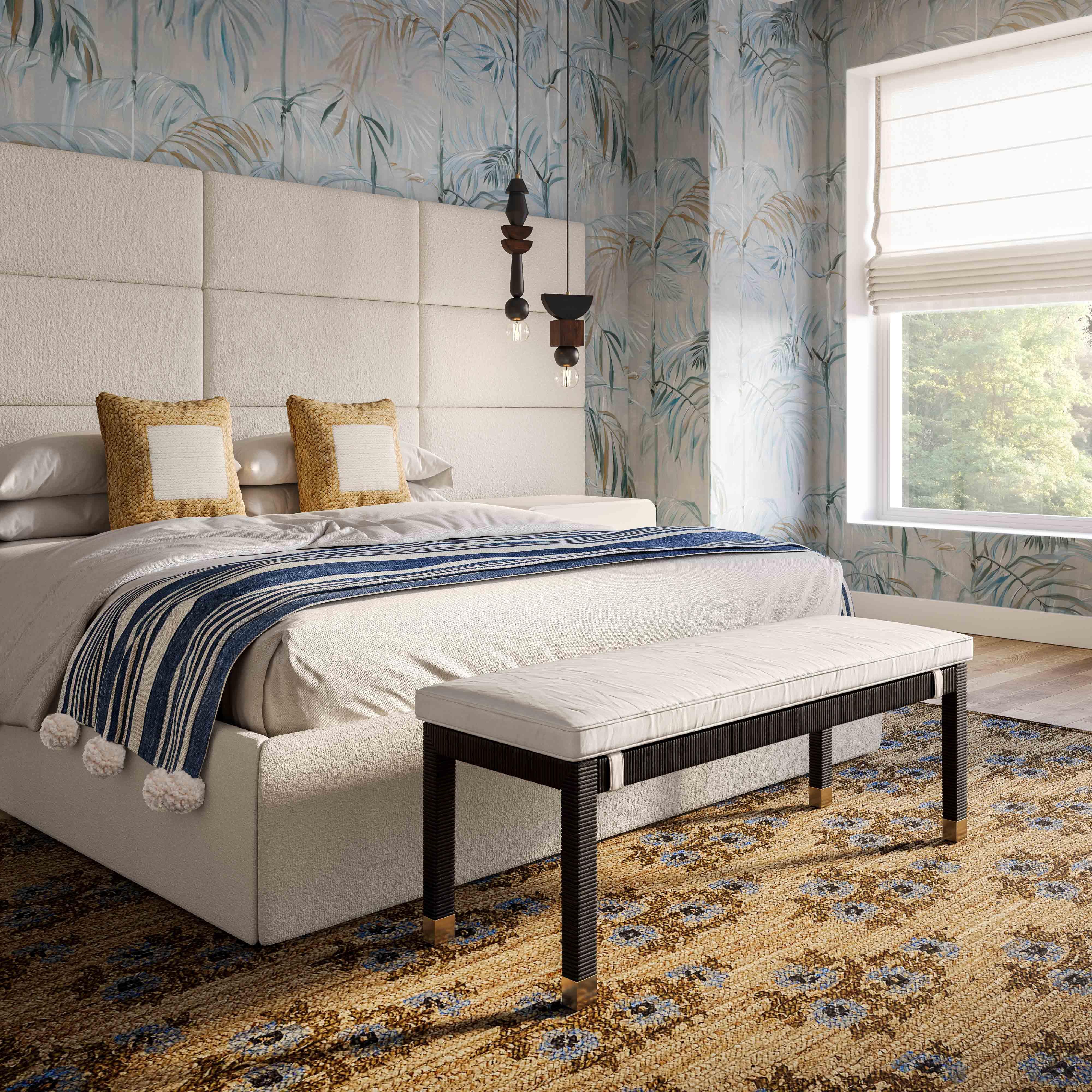 Amara 50" Woven Rattan Performance Fabric Bench - Image 7