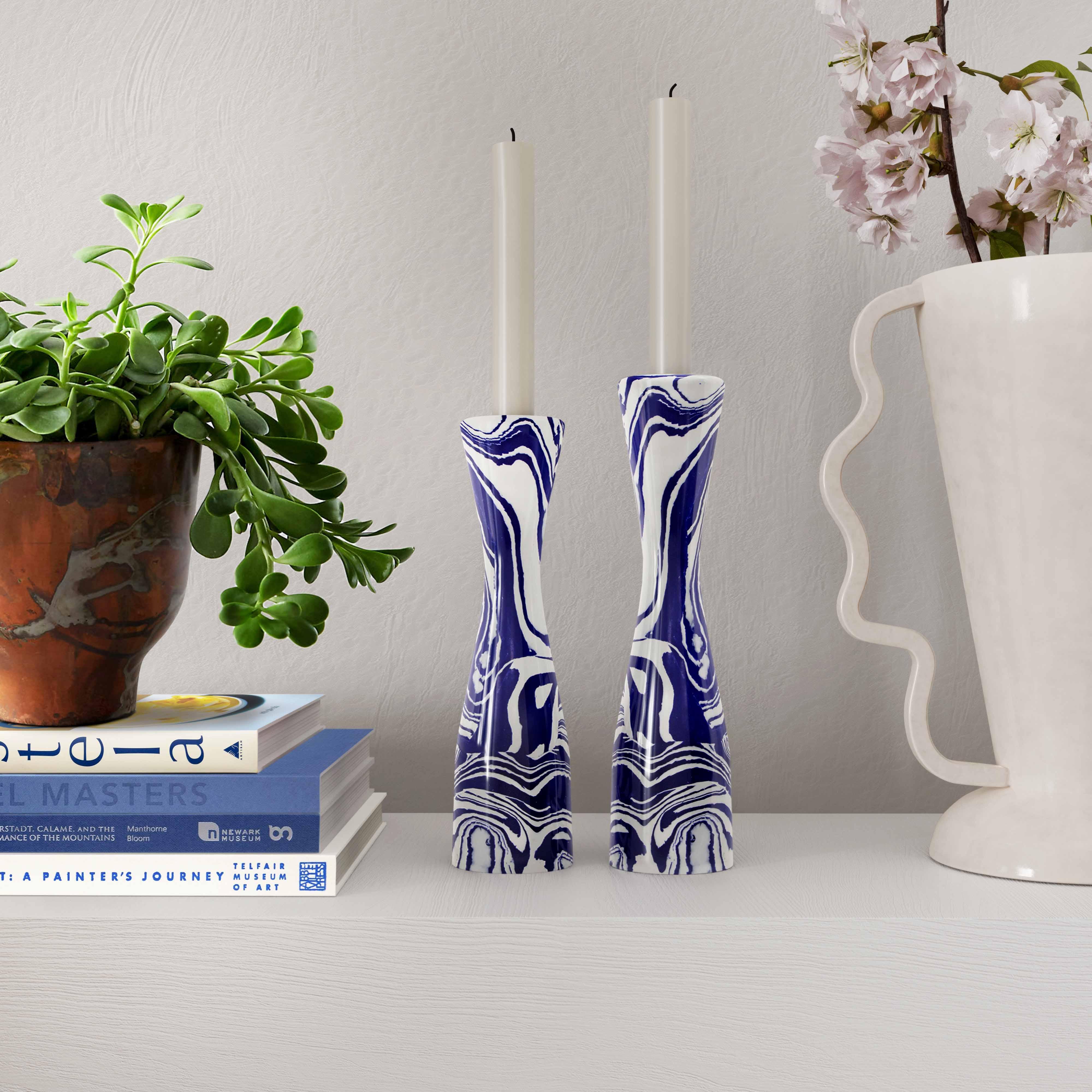 Serene Blue & White Swirl Resin Candlestick - Image 8